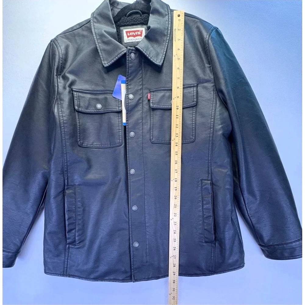 Levis Mens Faux Leather Sherpa Lined Trucker Jacket Black L Biker Streetwear
